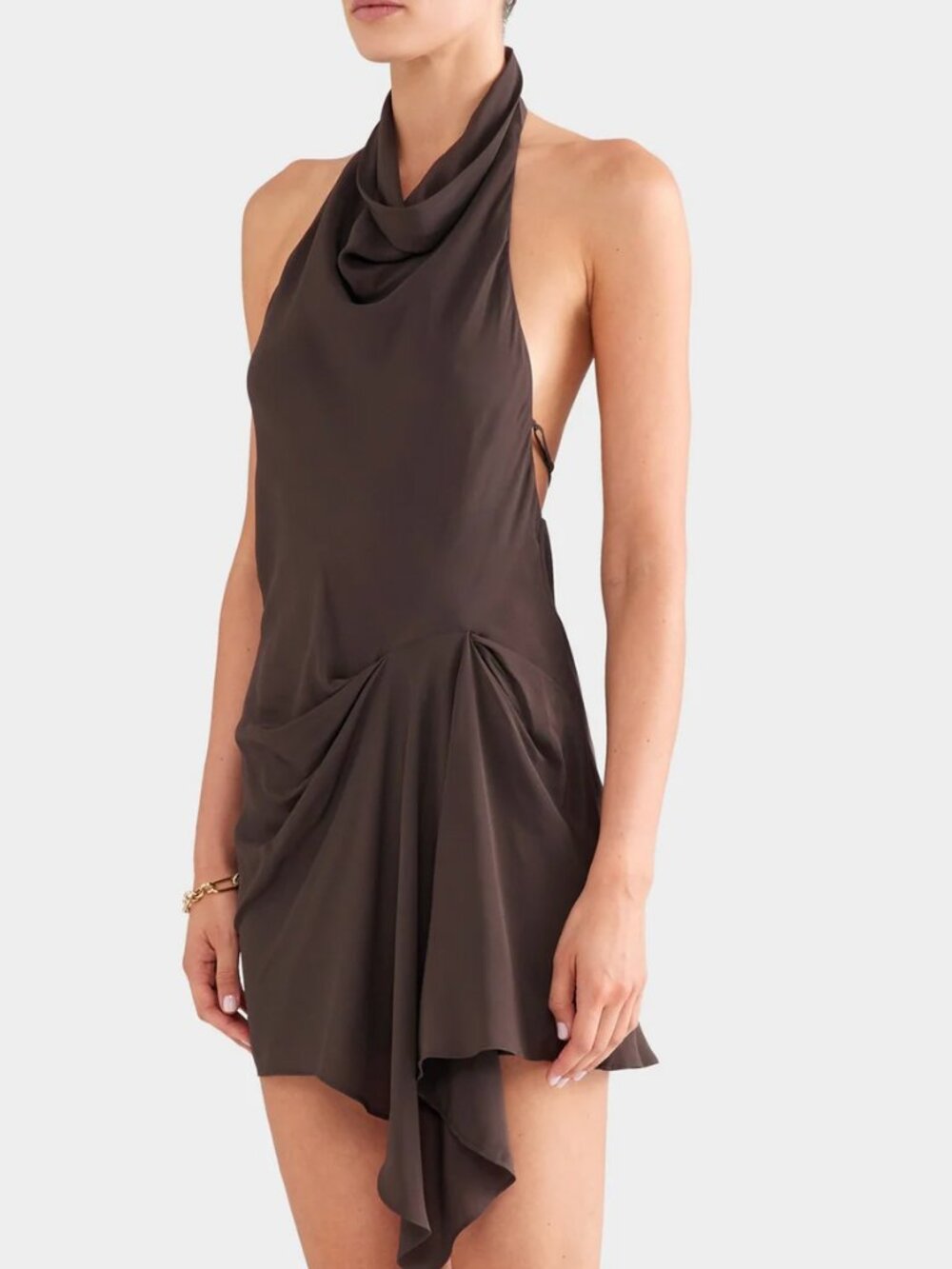 NEW Venroy Draped Halter Mini Dress Small Cafe Chocolate Brown - Picture 3 of 12